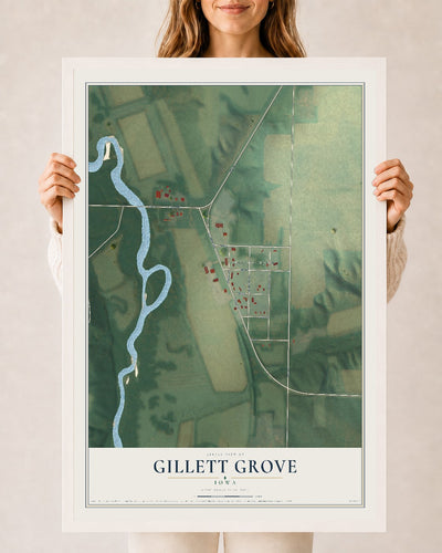 Map of Gillett Grove, Iowa, 24 x 36 inch print in a white wood frame