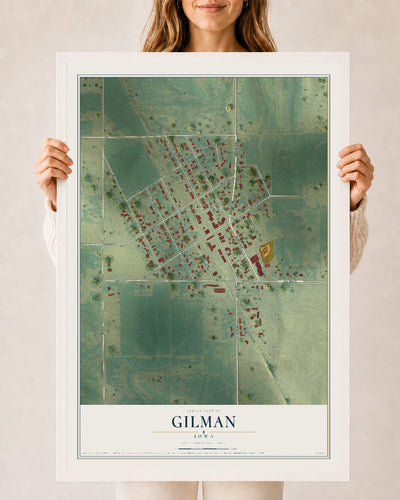 Map of Gilman, Iowa, 24 x 36 inch print in a white wood frame