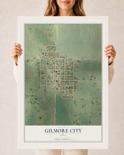 Map of Gilmore City, Iowa, 24 x 36 inch print in a white wood frame