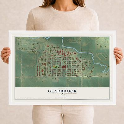 Map of Gladbrook, Iowa, 12 x 18 inch print in a white wood frame