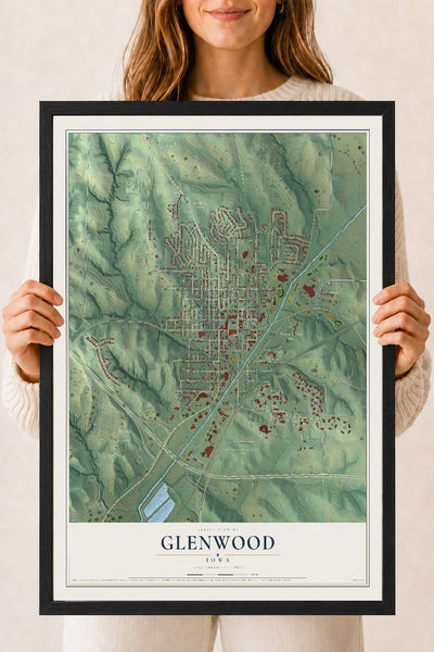Map of Glenwood, Iowa, 18 x 24 inch print in a black wood frame
