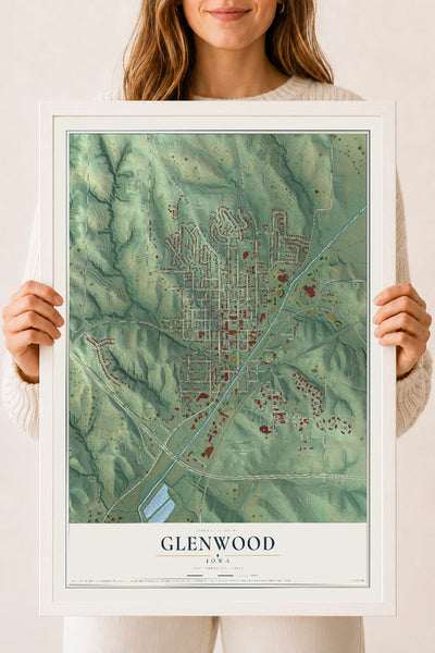Map of Glenwood, Iowa, 18 x 24 inch print in a white wood frame