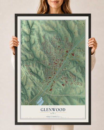 Map of Glenwood, Iowa, 24 x 36 inch print in a black wood frame