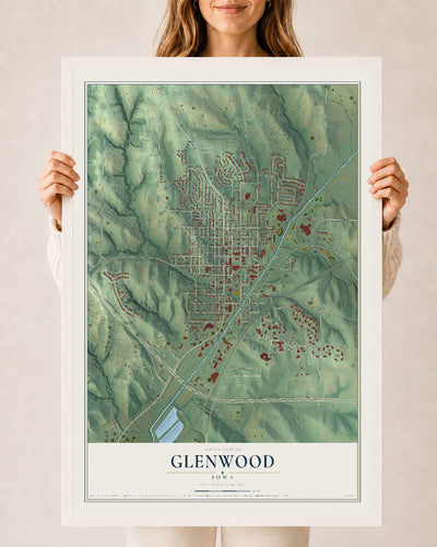 Map of Glenwood, Iowa, 24 x 36 inch print in a white wood frame