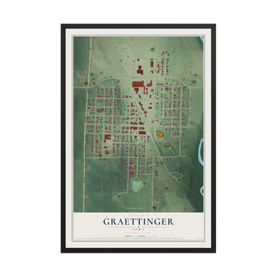 Map of Graettinger, Iowa, 12 x 18 inch print in a black wood frame
