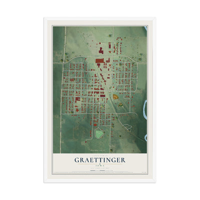 Map of Graettinger, Iowa, 12 x 18 inch print in a white wood frame