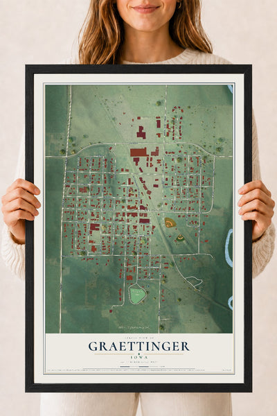 Map of Graettinger, Iowa, 18 x 24 inch print in a black wood frame