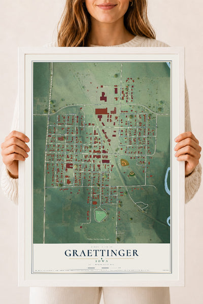 Map of Graettinger, Iowa, 18 x 24 inch print in a white wood frame