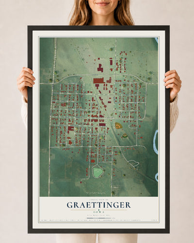Map of Graettinger, Iowa, 24 x 36 inch print in a black wood frame