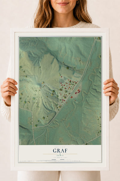 Map of Graf, Iowa, 18 x 24 inch print in a white wood frame