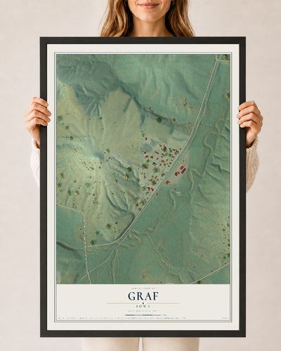 Map of Graf, Iowa, 24 x 36 inch print in a black wood frame