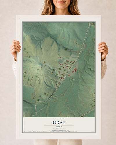 Map of Graf, Iowa, 24 x 36 inch print in a white wood frame