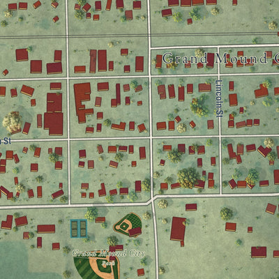 Close-up of the map of Grand Mound, Iowa print showing street and building detail