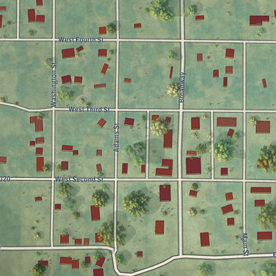 Close-up of the map of Grand River, Iowa print showing street and building detail