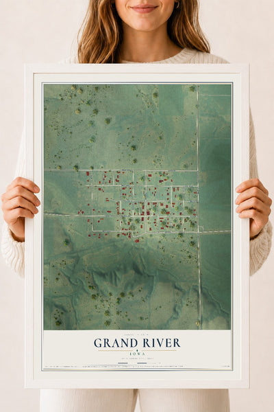 Map of Grand River, Iowa, 18 x 24 inch print in a white wood frame