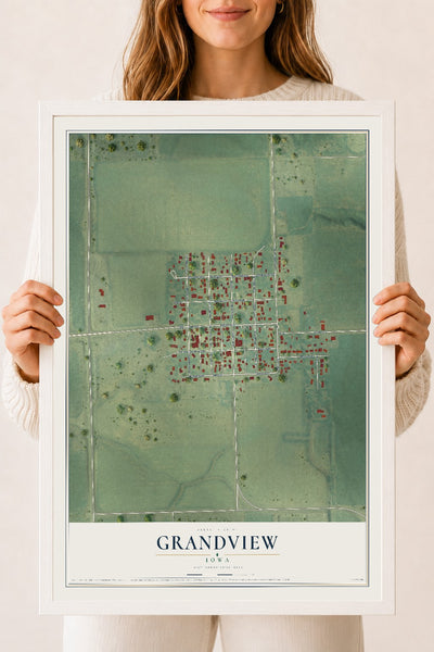 Map of Grandview, Iowa, 18 x 24 inch print in a white wood frame