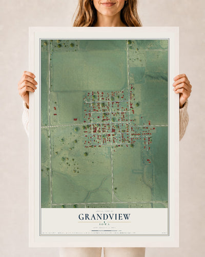 Map of Grandview, Iowa, 24 x 36 inch print in a white wood frame