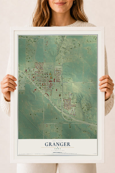 Map of Granger, Iowa, 18 x 24 inch print in a white wood frame
