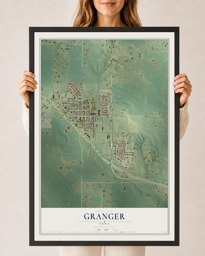 Map of Granger, Iowa, 24 x 36 inch print in a black wood frame