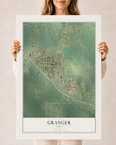 Map of Granger, Iowa, 24 x 36 inch print in a white wood frame