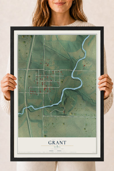 Map of Grant, Iowa, 18 x 24 inch print in a black wood frame