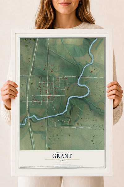 Map of Grant, Iowa, 18 x 24 inch print in a white wood frame