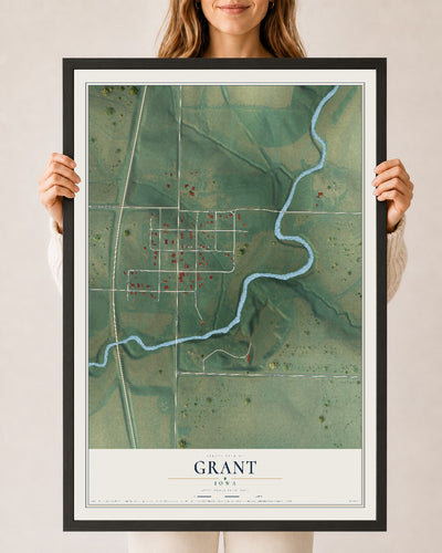 Map of Grant, Iowa, 24 x 36 inch print in a black wood frame