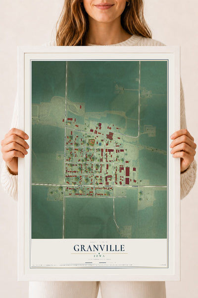 Map of Granville, Iowa, 18 x 24 inch print in a white wood frame