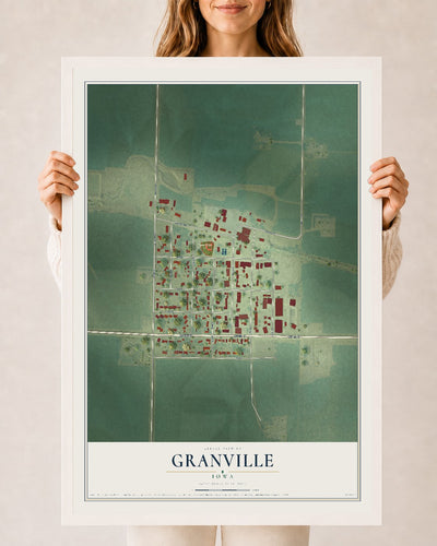 Map of Granville, Iowa, 24 x 36 inch print in a white wood frame