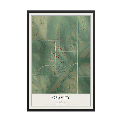 Map of Gravity, Iowa, 12 x 18 inch print in a black wood frame