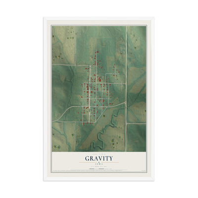Map of Gravity, Iowa, 12 x 18 inch print in a white wood frame