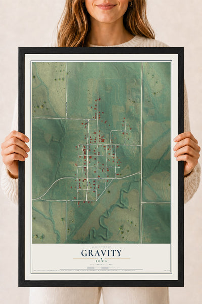 Map of Gravity, Iowa, 18 x 24 inch print in a black wood frame