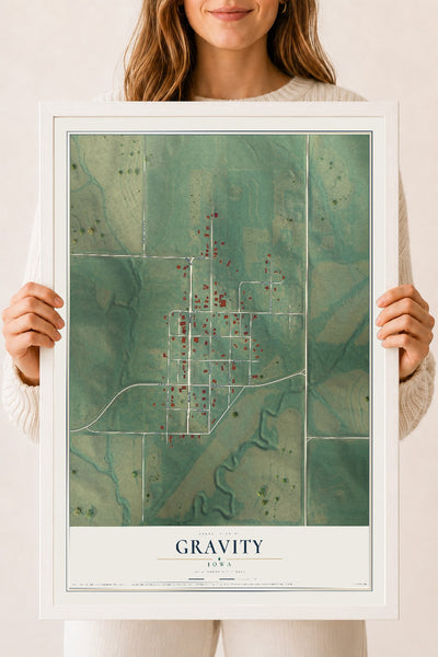 Map of Gravity, Iowa, 18 x 24 inch print in a white wood frame