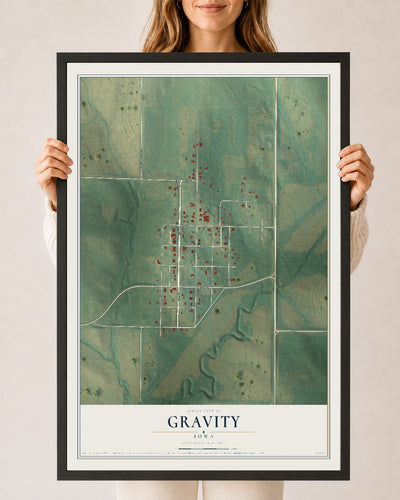 Map of Gravity, Iowa, 24 x 36 inch print in a black wood frame