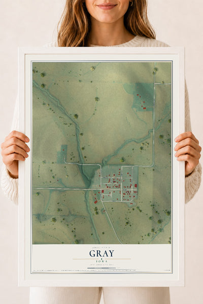 Map of Gray, Iowa, 18 x 24 inch print in a white wood frame