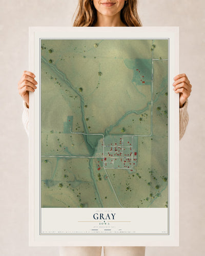 Map of Gray, Iowa, 24 x 36 inch print in a white wood frame