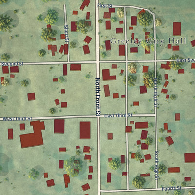 Close-up of the map of Greeley, Iowa print showing street and building detail