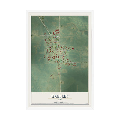 Map of Greeley, Iowa, 12 x 18 inch print in a white wood frame