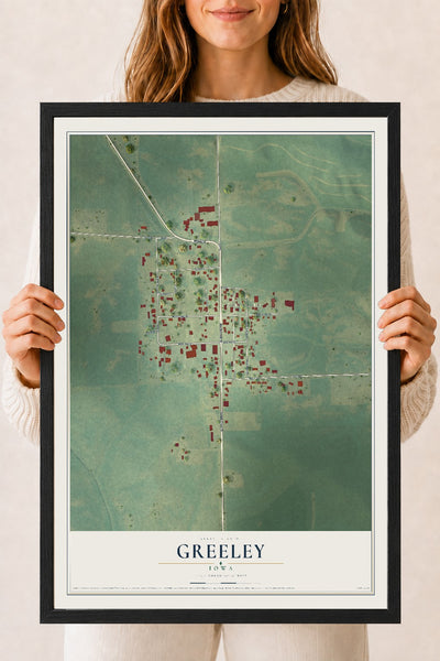 Map of Greeley, Iowa, 18 x 24 inch print in a black wood frame
