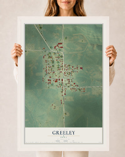 Map of Greeley, Iowa, 24 x 36 inch print in a white wood frame
