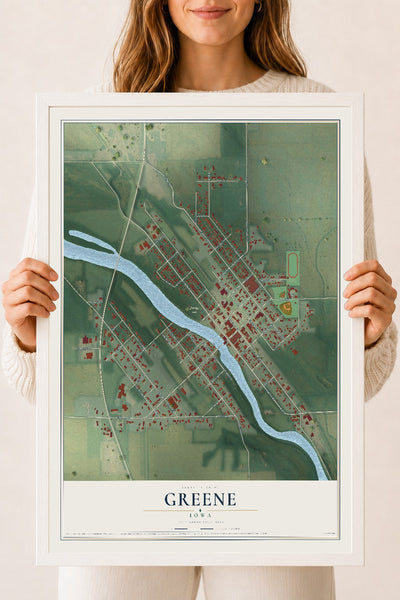 Map of Greene, Iowa, 18 x 24 inch print in a white wood frame