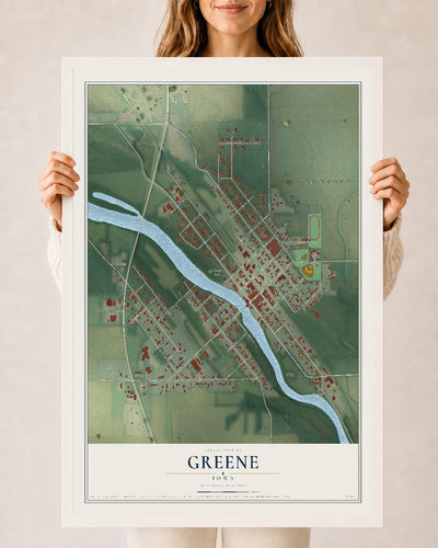 Map of Greene, Iowa, 24 x 36 inch print in a white wood frame