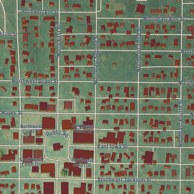 Close-up of the map of Greenfield, Iowa print showing street and building detail