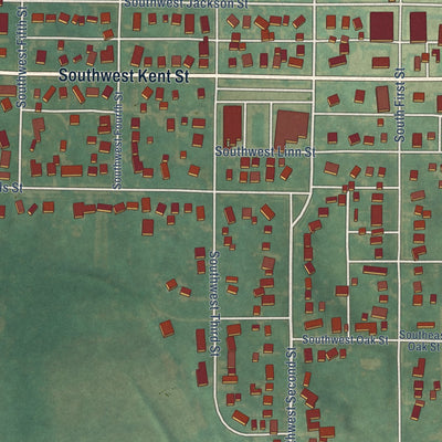 Second close-up of the map of Greenfield, Iowa print showing more streets and buildings