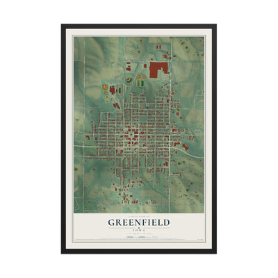 Map of Greenfield, Iowa, 12 x 18 inch print in a black wood frame