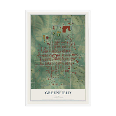 Map of Greenfield, Iowa, 12 x 18 inch print in a white wood frame