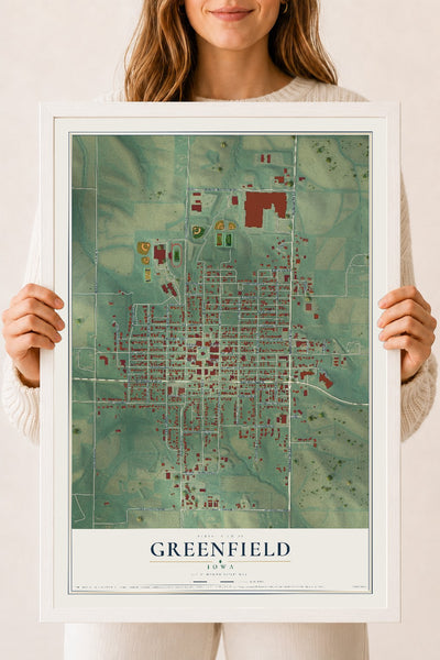 Map of Greenfield, Iowa, 18 x 24 inch print in a white wood frame