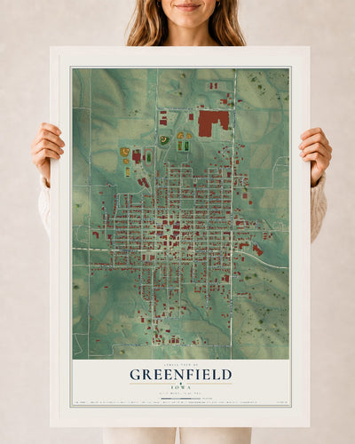 Map of Greenfield, Iowa, 24 x 36 inch print in a white wood frame