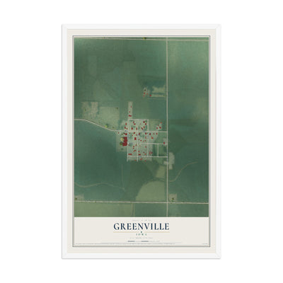 Map of Greenville, Iowa, 12 x 18 inch print in a white wood frame