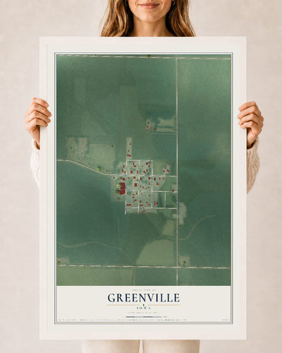 Map of Greenville, Iowa, 24 x 36 inch print in a white wood frame